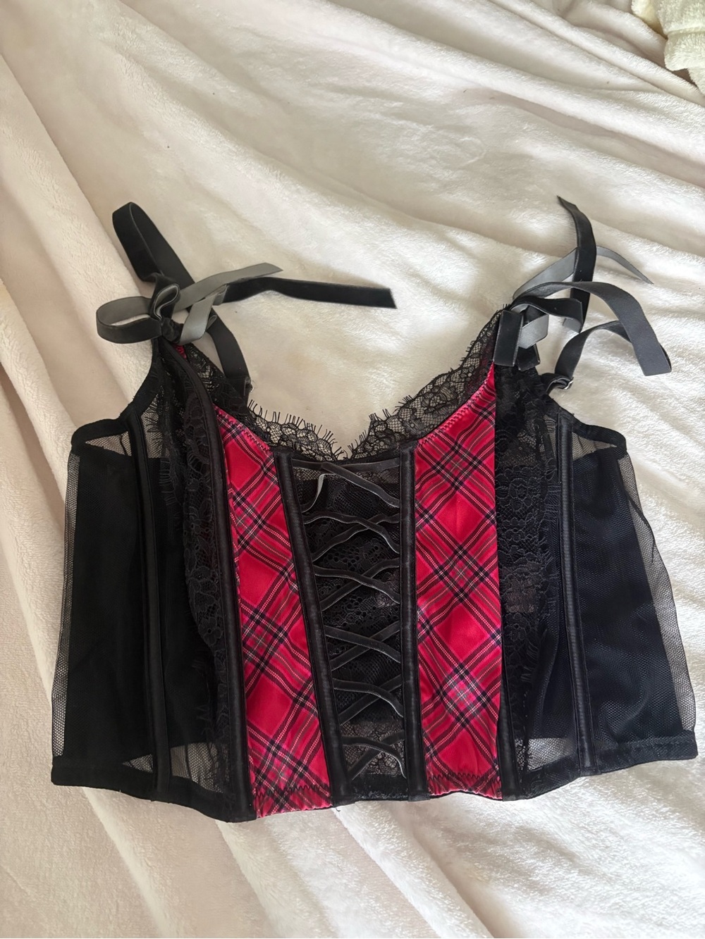 Victoria's Secret Black & Red Plaid Lace-Up Corset Camisole